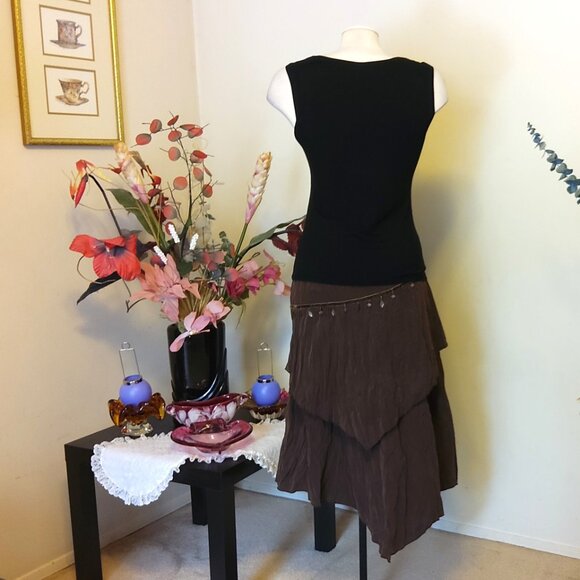NWT Women Brown 2-Layers of Tiered Lined Elastic High Waist Asymmetrical Skirt - Picture 12 of 14